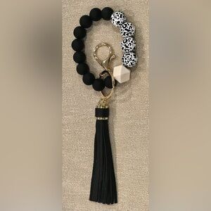 Black & White Leopard Beaded Wristlet, Bag Charm Keychain with PU Leather Tassel